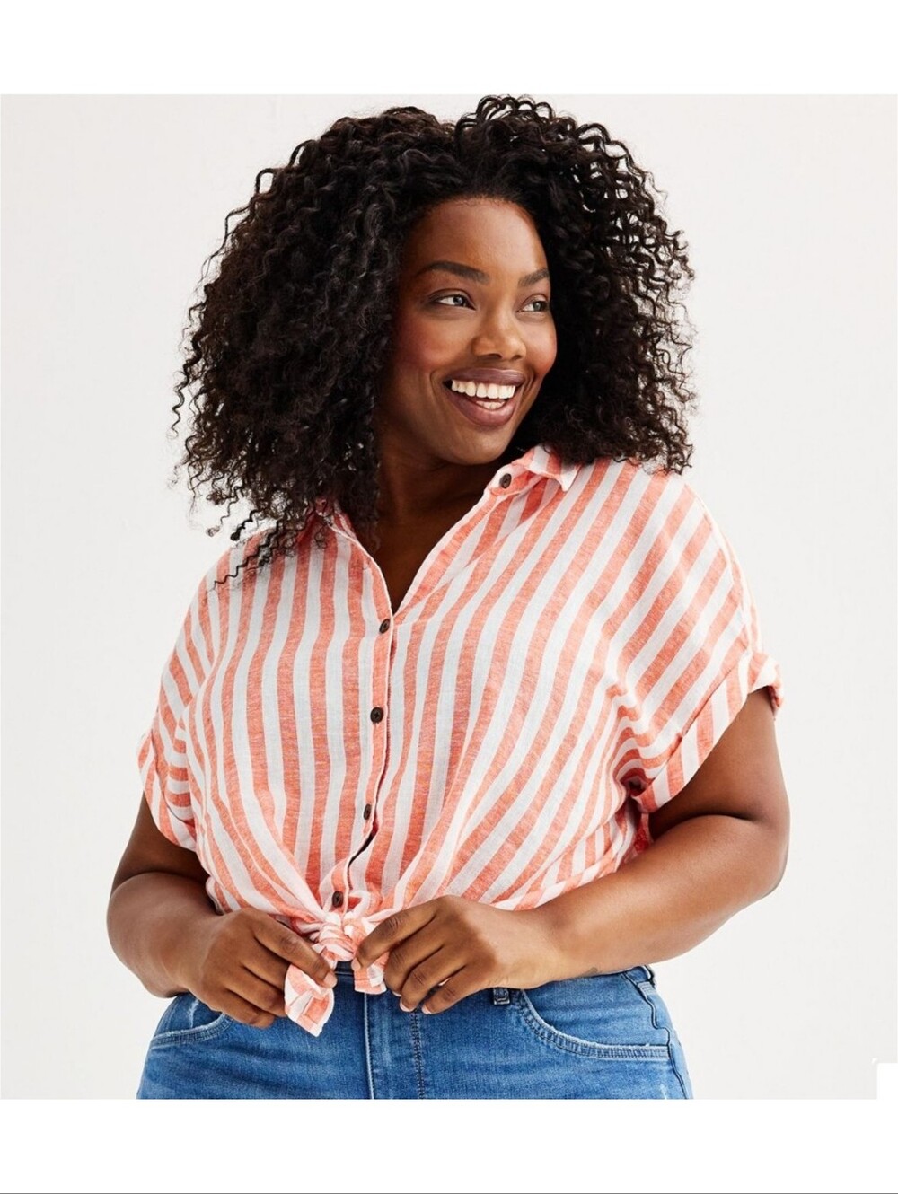 Sonoma Oversized Linen Blend Caml Shirt Coral & White Size 0X (14W)